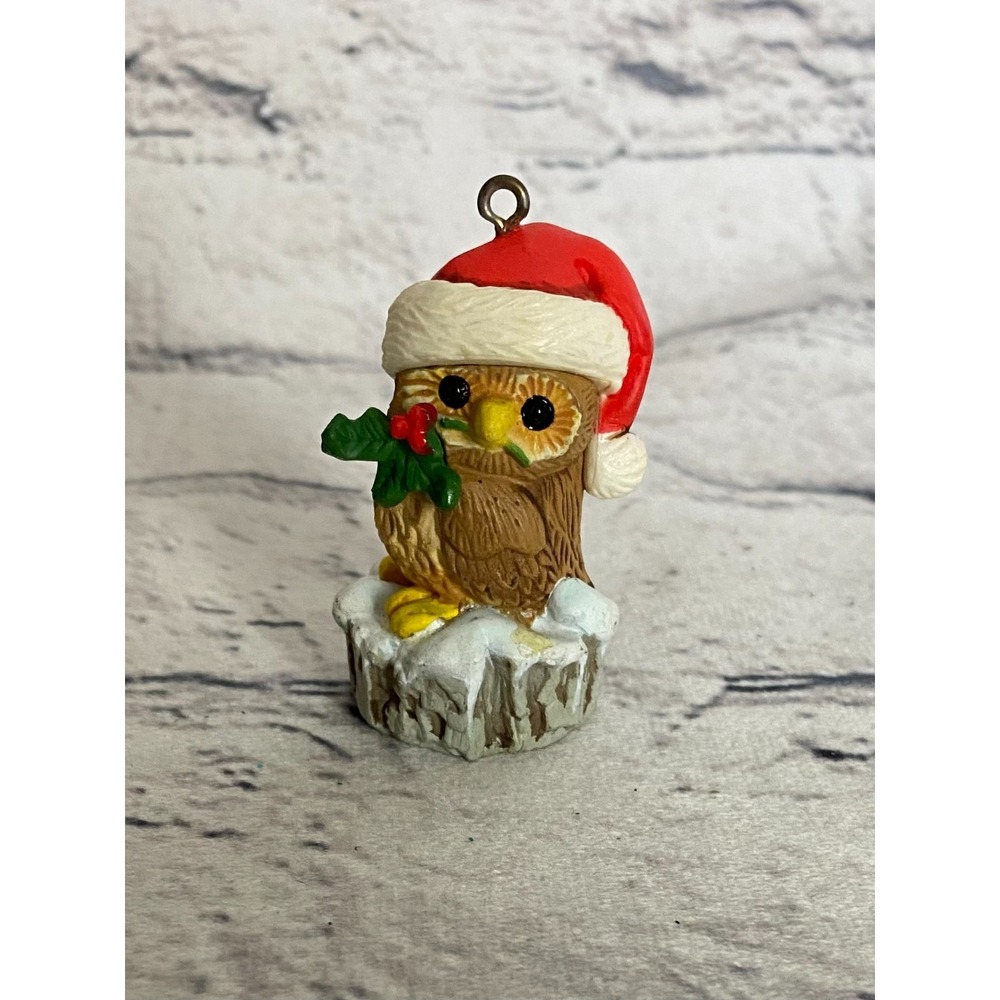 Vintage 1980 Hallmark Owl Ornament 2" Holiday Christmas Ornament Santa Hat
